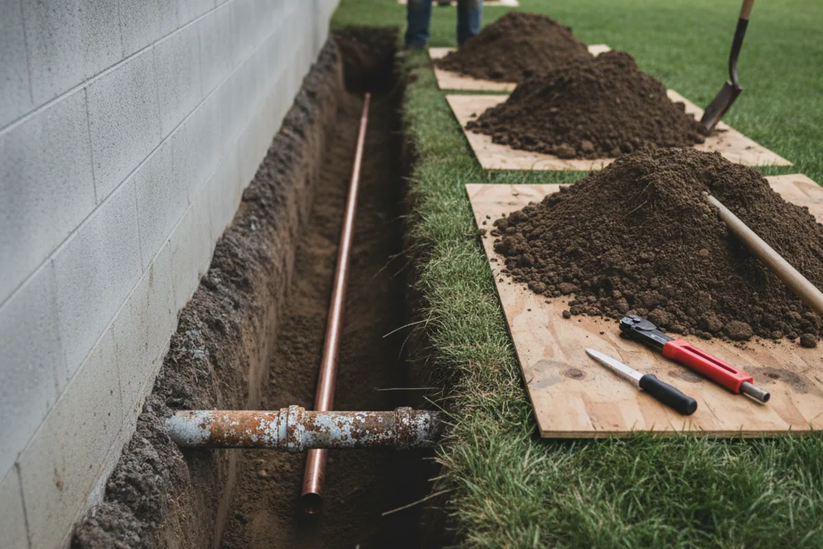 Excavated water line trench during Sewer Line Repair in Kissimmee